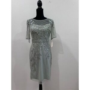 Papell Studio Beaded Sequin Mesh Sheath Dress Sage Green Silver Size 4 NEW